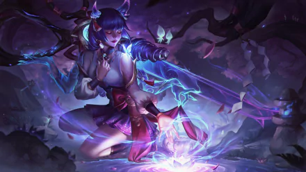 HD PC desktop wallpaper featuring Gwen from League of Legends in a mystical, dark forest setting, showcasing vibrant magical effects from the video game.