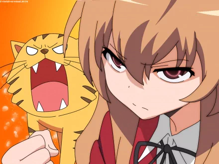HD desktop wallpaper featuring Taiga Aisaka from the anime Toradora!. The image showcases Taiga with a determined expression beside an animated, roaring tiger.