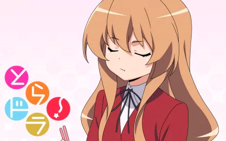 HD wallpaper featuring Taiga Aisaka from the anime Toradora!, showcasing her in a thoughtful pose with vibrant colors and playful text accents.