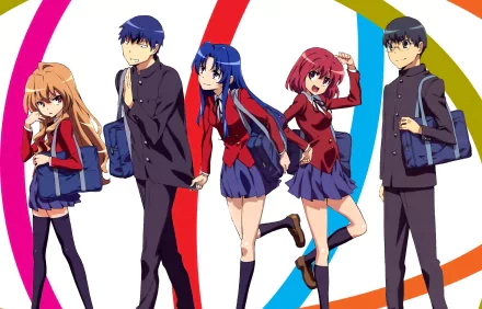 HD desktop wallpaper featuring Taiga Aisaka, Ami Kawashima, Minori Kushieda, Ryuuji Takasu, and Yusaku Kitamura from the anime Toradora! standing together against a colorful background.