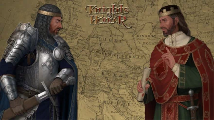 HD PC desktop wallpaper for the video game Knights Of Honor: an armored knight and a crowned ruler face off over an aged map backdrop.