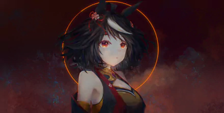 Kitasan Black from Uma Musume: Pretty Derby — anime portrait with dark flowing hair, white streak, red eyes and a glowing orange halo; 2K Quad HD PC desktop wallpaper/background.