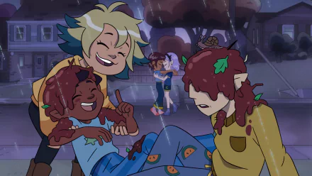 HD desktop wallpaper from The Owl House TV show featuring characters Hunter and Gus Porter sharing a joyful moment in a rainy outdoor setting.