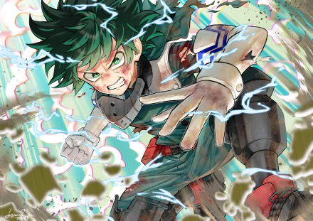 HD PC desktop wallpaper featuring Izuku Midoriya from the anime My Hero Academia, depicted in dynamic action with electrifying energy effects.