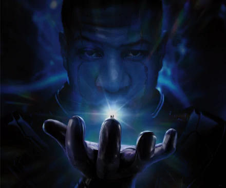 8K Ultra HD PC desktop wallpaper featuring a dramatic scene from the movie Ant-Man and The Wasp: Quantumania with a glowing figure held in a giant hand.