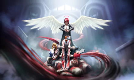 Chainsaw Man anime HD PC wallpaper: Denji with chainsaw and Pochita at center, Power crouched, Makima standing with angelic wings amid a dramatic cathedral-style background.