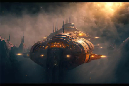 8K Ultra HD AI art sci‑fi spaceship emerging through glowing clouds in deep space, a vast illuminated craft drifting against a dramatic cosmic backdrop — PC desktop wallpaper background.