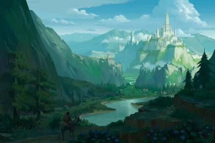 HD fantasy PC wallpaper featuring a majestic castle atop lush green hills, surrounded by mountains and a winding river under a bright, partly cloudy sky.