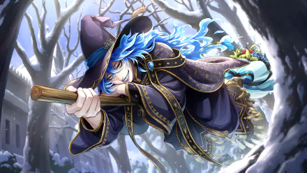 HD PC desktop wallpaper of Idia Shroud from the video game Twisted Wonderland: a blue‑flame‑haired sorcerer in dark robes lunges through a snowy forest, gripping a wooden staff.