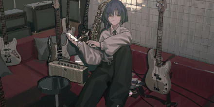 Ryou Yamada from Bocchi the Rock! anime poses confidently in a music room surrounded by guitars in this 4K Ultra HD PC desktop wallpaper.