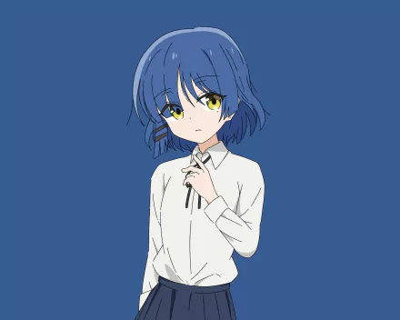 HD PC desktop wallpaper featuring Ryou Yamada from the anime Bocchi the Rock! with a solid blue background and her white shirt standing out vividly.