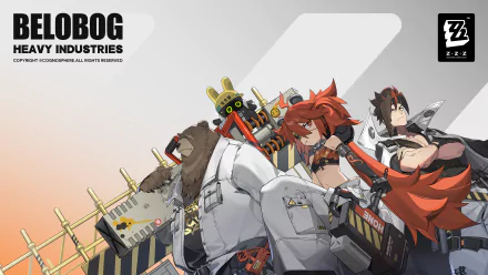 HD PC desktop wallpaper featuring characters from the video game Zenless Zone Zero, showcasing a dynamic sci-fi industrial design with bold colors and futuristic elements.