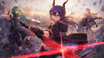 2K Quad HD PC desktop wallpaper for the video game Arknights: horned operator with red eyes and a glowing blade charges forward while allies fight across a ruined, stormy battlefield.