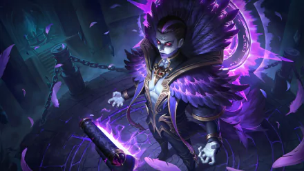 HD PC desktop wallpaper/background of a video game character from Mobile Legends: Bang Bang — a pale, sinister mage in a purple feathered cloak, casting crackling violet magic amid ruined, chained battlements.