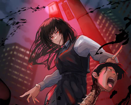 HD PC wallpaper featuring Asa Mitaka as War Devil from the anime Chainsaw Man, set against a dark urban nightscape with intense red lighting.