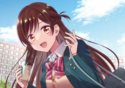HD anime desktop wallpaper featuring Chizuru Ichinose from Rent-A-Girlfriend, smiling brightly with a drink in hand against a clear, blue sky background.