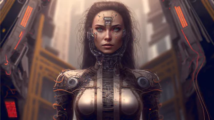 Futuristic woman warrior in cybernetic armor stands confidently in a sci-fi cityscape, rendered in stunning 8K Ultra HD for a high-detail PC desktop wallpaper.
