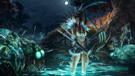 A fantasy archer stands in a mystical, moonlit setting, poised with her bow amidst glowing waters and eerie creatures. An enchanting HD desktop wallpaper that sparks imagination.