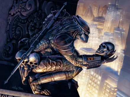 A sci-fi HD desktop wallpaper featuring a Predator character, poised dramatically, holding a skull against a vibrant urban backdrop with an atmospheric glow.