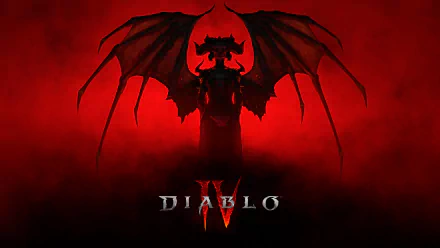 HD desktop wallpaper of Diablo IV, featuring a dark, silhouetted figure with wings against a moody red backdrop with the game's logo prominently displayed.