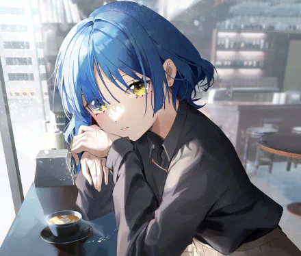 HD anime desktop wallpaper featuring Ryou Yamada from Bocchi the Rock! with blue hair and yellow eyes, resting her head on her arms in a softly lit room.