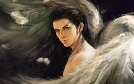 A stunning HD fantasy wallpaper featuring an archangel with black hair amidst lush, white wings. His serene face is centered, surrounded by ethereal feathers.