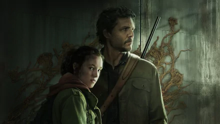 Two main characters from the TV show The Last of Us stand together, showing determination against a haunting background. This HD wallpaper captures their resilience and bond.