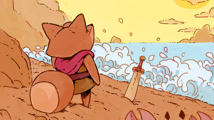 HD PC desktop wallpaper featuring the fox protagonist from the video game Tunic standing on a beach with a sword planted in the sand at sunset.