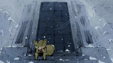 HD PC desktop wallpaper from the video game Tunic showing a small fox character resting on stone steps in front of a large, ancient doorway with swirling winds.