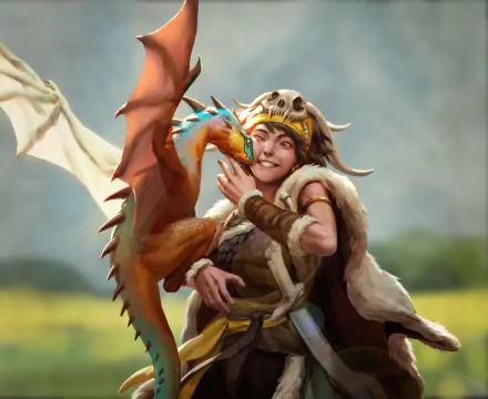 A joyful warrior wearing a skull headdress holds a small dragon on her arm against a misty landscape, rendered in vibrant 4K Ultra HD fantasy art for a PC desktop wallpaper.