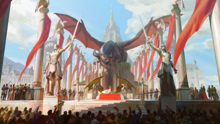 A majestic fantasy dragon perched before a grand castle, surrounded by armored knights and waving red banners in a vibrant 4K Ultra HD PC desktop wallpaper scene.