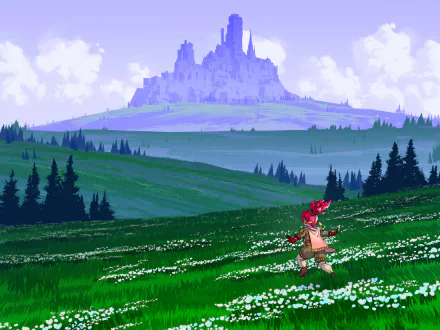HD PC desktop wallpaper featuring a vibrant fantasy landscape with a distant towering castle and a colorful character walking through a lush green meadow under a bright sky.