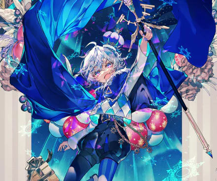 Anime girl with silver hair and a flowing blue cloak wielding a staff among floating ornaments and glowing shards — vibrant 2K Quad HD PC desktop wallpaper and background.