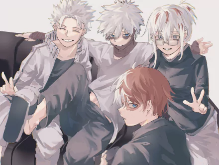 HD PC desktop wallpaper of anime characters Dabi and Shoto Todoroki from My Hero Academia, featuring a group portrait with vibrant, detailed artwork.