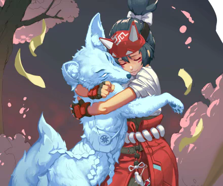 HD desktop wallpaper featuring Kiriko from Overwatch 2, embracing a blue fox spirit in an illustrative art style.