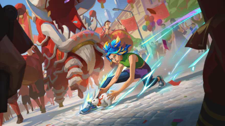 HD PC desktop wallpaper featuring Neon, a colorful and dynamic character from the video game Valorant, set in a vibrant street scene with motion and energy effects.