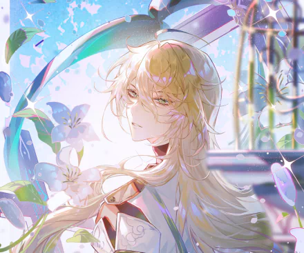 HD PC desktop wallpaper featuring Luocha from the video game Honkai: Star Rail, surrounded by delicate blue flowers and soft, ethereal lighting.