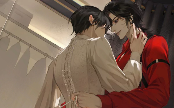 Anime-style HD PC wallpaper featuring Xie Lian and Hua Cheng from Tian Guan Ci Fu in an intimate, softly lit moment.