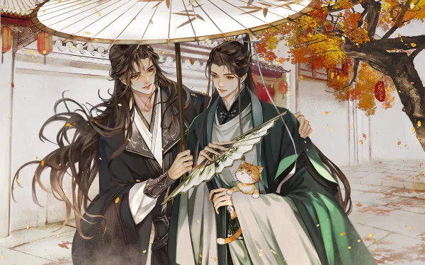 HD anime desktop wallpaper featuring Shen Qingqiu and Luo Binghe from The Scum Villain's Self-Saving System, set in an autumn scene with traditional attire and a small cat.