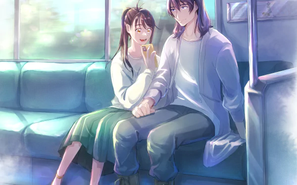 4K Ultra HD PC desktop wallpaper of anime Suzume Iwato and Souta Munakata (Suzume no Tojimari) sitting on a train seat, holding hands as warm sunlight filters through the window.