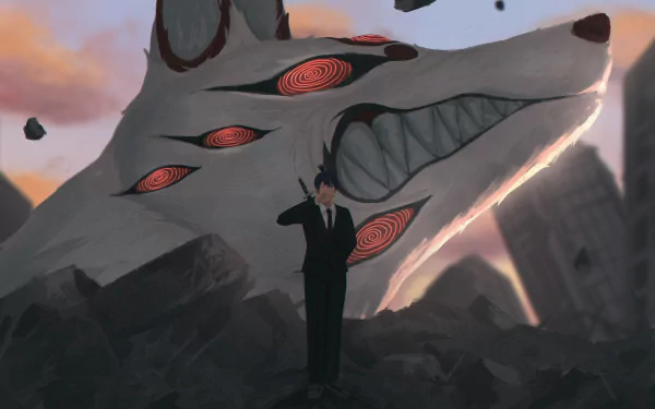 Aki Hayakawa stands before the towering Fox Devil with glowing red eyes in an anime-style Chainsaw Man HD desktop wallpaper.