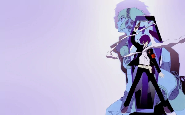 HD PC desktop wallpaper featuring stylized characters from the video game Persona 3 with a minimalistic purple background.