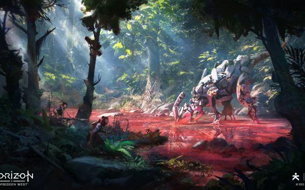 4K Ultra HD desktop wallpaper from the video game Horizon Forbidden West, featuring a lush forest scene with a large robotic creature illuminated by shafts of sunlight.