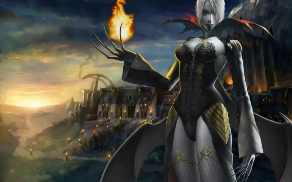 HD PC desktop wallpaper featuring a dark fantasy character from the video game Lineage, holding a flame with a medieval castle and stormy sky in the background.