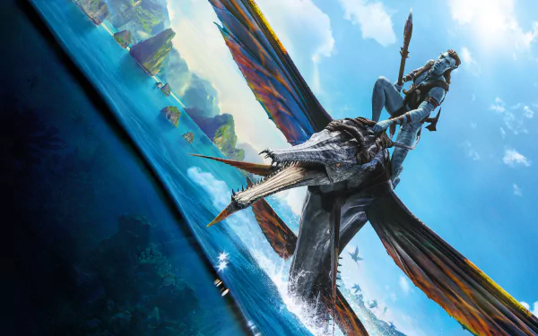 Stunning 8K Ultra HD movie wallpaper from Avatar: The Way of Water, featuring a Na’vi character soaring above the ocean on a large flying creature against a bright sky backdrop.