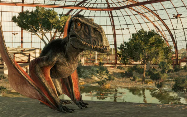 HD PC desktop wallpaper from the video game Jurassic World Evolution 2, featuring a detailed pterosaur inside a large glass enclosure with lush vegetation and water.