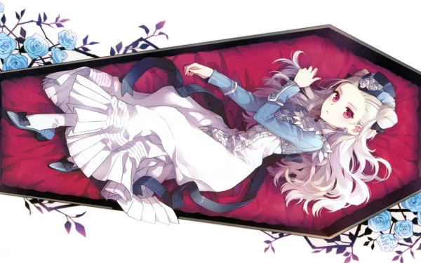 HD anime desktop wallpaper featuring a sword-wielding girl with long white hair lying in a coffin adorned with blue flowers, blending fantasy and elegant design.