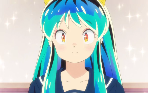 HD PC desktop wallpaper featuring Lum from the 2022 Urusei Yatsura anime, showcasing vibrant colors and her iconic blue-green hair against a sparkling background.