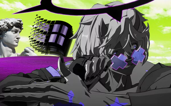 Vaporwave HD PC wallpaper of Guilty Gear Strive's Happy Chaos in neon greens and purples — glitching retro Windows logo and a classical marble bust form a surreal, man-made aesthetic.