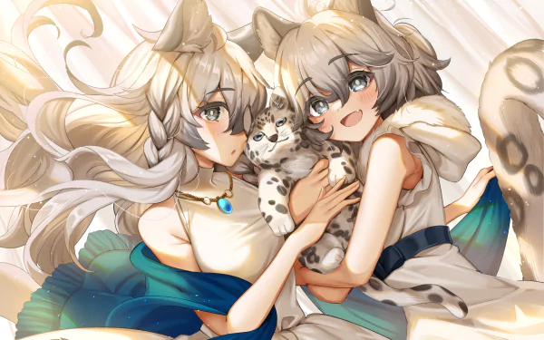 Arknights 2K Quad HD PC desktop wallpaper featuring two animal-eared characters cuddling a spotted kitten, bathed in warm pastel tones and soft, glowing light.